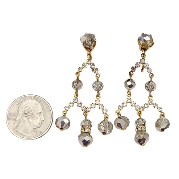 AB Beaded Prong Set Clear Rhinestone Chandelier Clip-On Earrings 2” Long, K130 - Picture 8 of 10